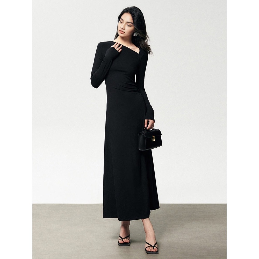 Commense Asymmetric Neck Long Sleeve Midi Dress Party‎ Cocktail Evening black M